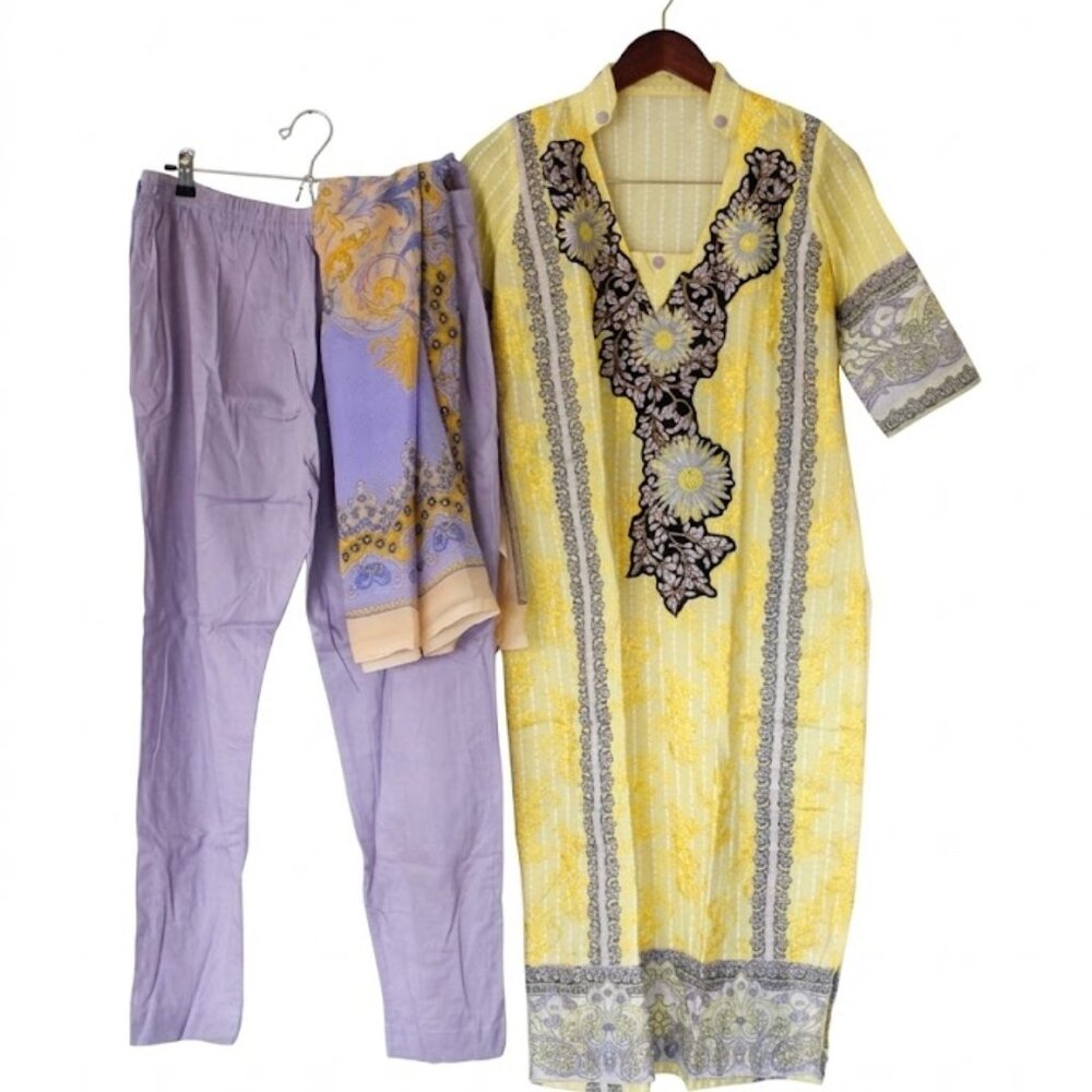 Embroidered Yellow & Lavender 3-Piece Salwar Kameez /pakistani Suit - Size M/40